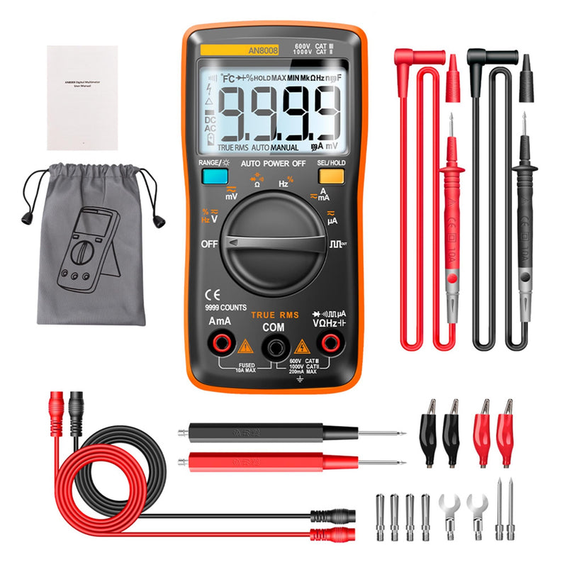 [Australia - AusPower] - AN8008 Digital Multimeter, Auto Ranging AC DC Voltage Tester, Volt Ohm Amp Meter, Continuity Diode Resistance Capacitance Tester, True-RMS, 9999 Counts 