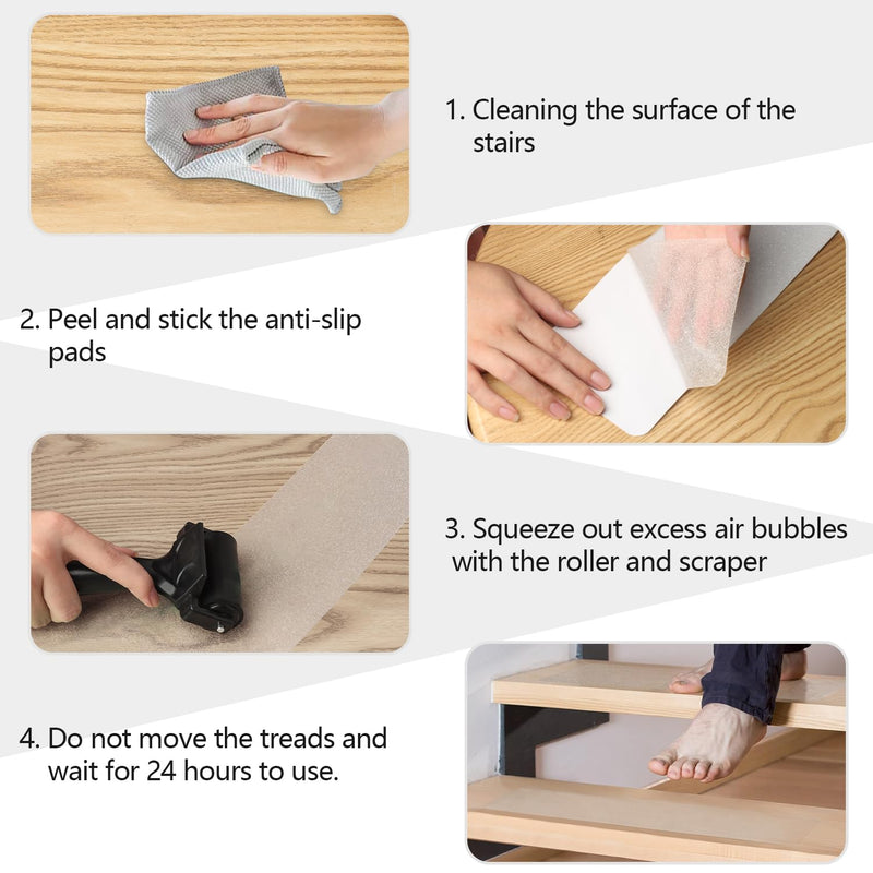 Clear Non Slip Stair Treads, 4” x 30” (15 Pack), Transparent Anti-Slip Strips for Wooden Steps Indoor, Waterproof Safety Grip Tape for Dogs & Elderly 4 x 30" 15pcs