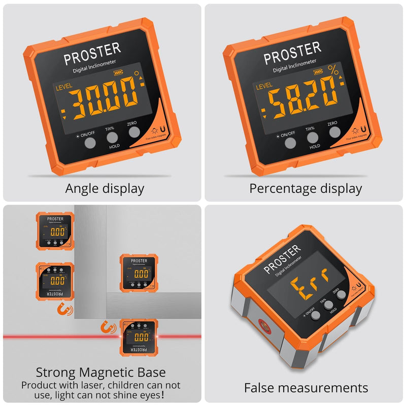 [Australia - AusPower] - Proster Digital Angle Finder with Laser 4-Side Magnetic Angle Gauge IP54 Waterproof LCD VA Display USB-C Inclinometer Level Box for Woodworking Carpentry Building(Laser Level Class II,Output<1mW） 
