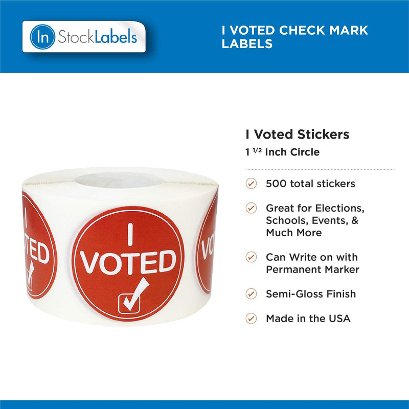 I Voted Check Mark Labels, 1.5 Inch Maroon and White Semi-Gloss Circle Election Day Stickers, 500 Pack - Ideal for Voting Event Locations and Poll Stations