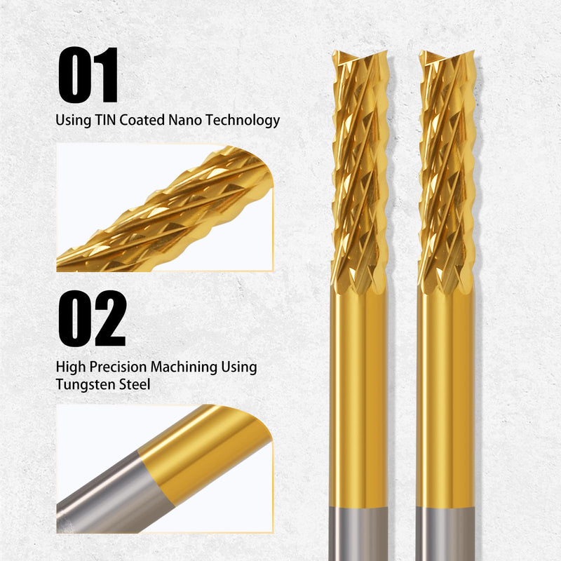 End Mill Sets,10Pcs Titanium Coat Ending Mill,1/8" Shank 0.8-3mm Micro End Mill Engraving Bits CNC Router Bits for Rotary Tools 0.8-3.0mm