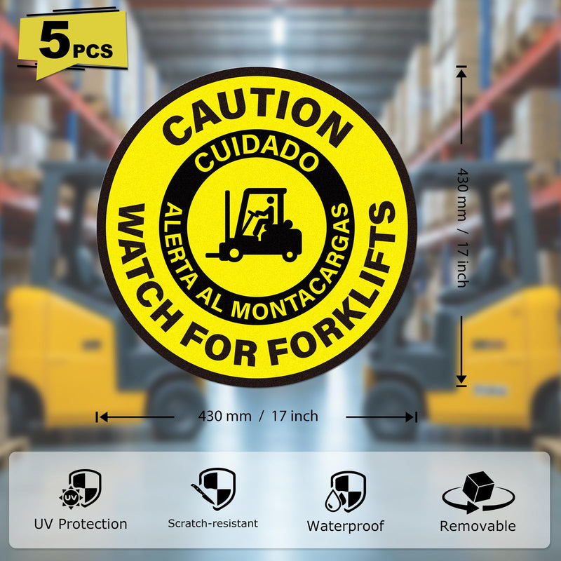 5 Pack Caution Watch for Forklifts Bilingual Sign Look Out for Lift Truck Traffic Floor Sticker 17 × 17 Inches Self Adhesive Vinyl Waterproof Anti-Slip Signage for Office Work Site Warehouse 5 Pack