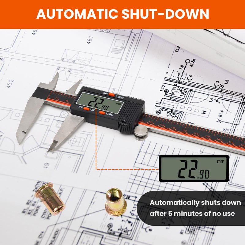 [Australia - AusPower] - HARDELL Digital Caliper, 0-8 Inch Caliper Measuring Tool with Large LCD Screen, Auto-Off, Inch/Fractions/MM Conversion, Electronic Stainless Steel Micrometer for DIY/Household/3D Printing 8 Inch 