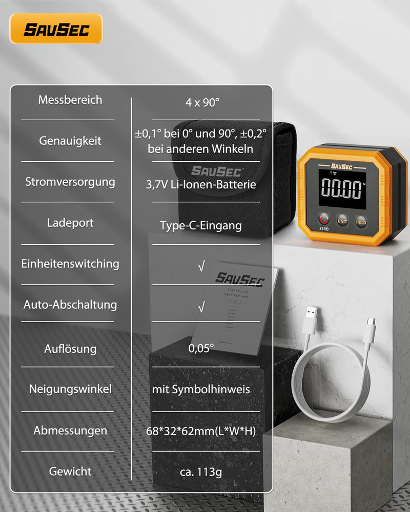 [Australia - AusPower] - SAVSEC Rechargeable Digital Protractor, Angle Finder with Magnetic Back & Base, LCD Inclinometer with 4 Measuring Units, Woodworking Tool for Construction, Carpentry, Mechanics IP54 