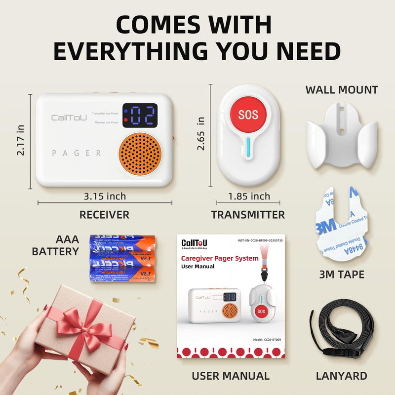 [Australia - AusPower] - CallToU Caregiver Pager - Wireless Call Button for Elderly at Home, Portable Nurse Alert System with Vibration & Sound Alerts for Seniors and Disabled (3 Call Buttons + 2 Receivers) 3 call buttons + 2 receivers 