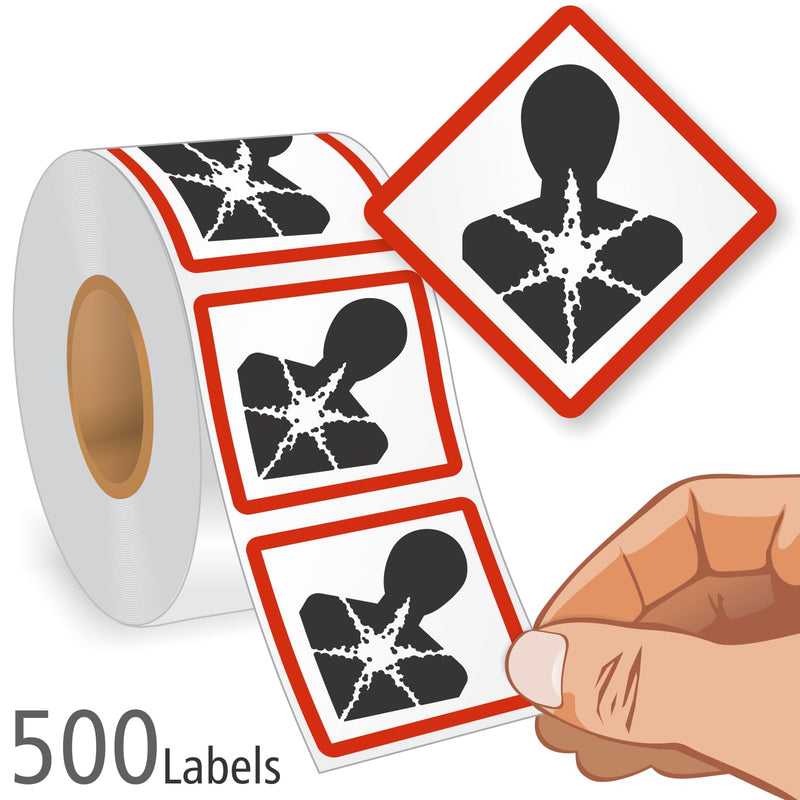 SmartSign (500/Roll) GHS Pictogram Health Hazard Labels for Specific Toxicity Hazard - 1" x 1" Square, 2.6 mil Thick Semi-Gloss Paper, Permanent Adhesive, Red/Black on White, Made in USA