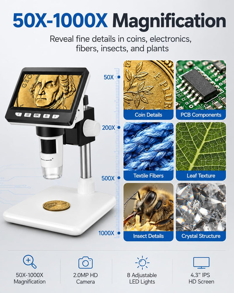 AOPICK Microscope Mobile Phone, LCD Digital Microscope 50X-500X Resolution, 4.3 Inch 1080P USB Microscope with 8 Adjustable LED Lights, PC View, for Adults / Children, Compatible with MacOS Windows White Small