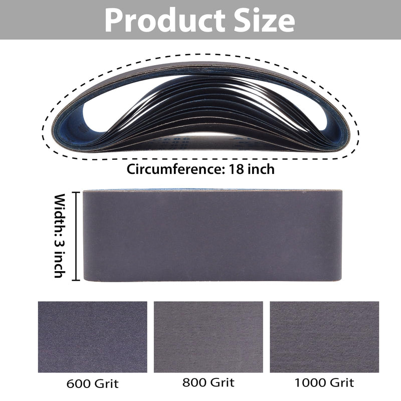 15 Pack 3 x 18 Inch Sanding Belts, 3x18 Silicon Carbide Sanding Belt, 5 Pcs Each of 600, 800, 1000 Grits Knife Sharpening Sander Belt 3x18 inch