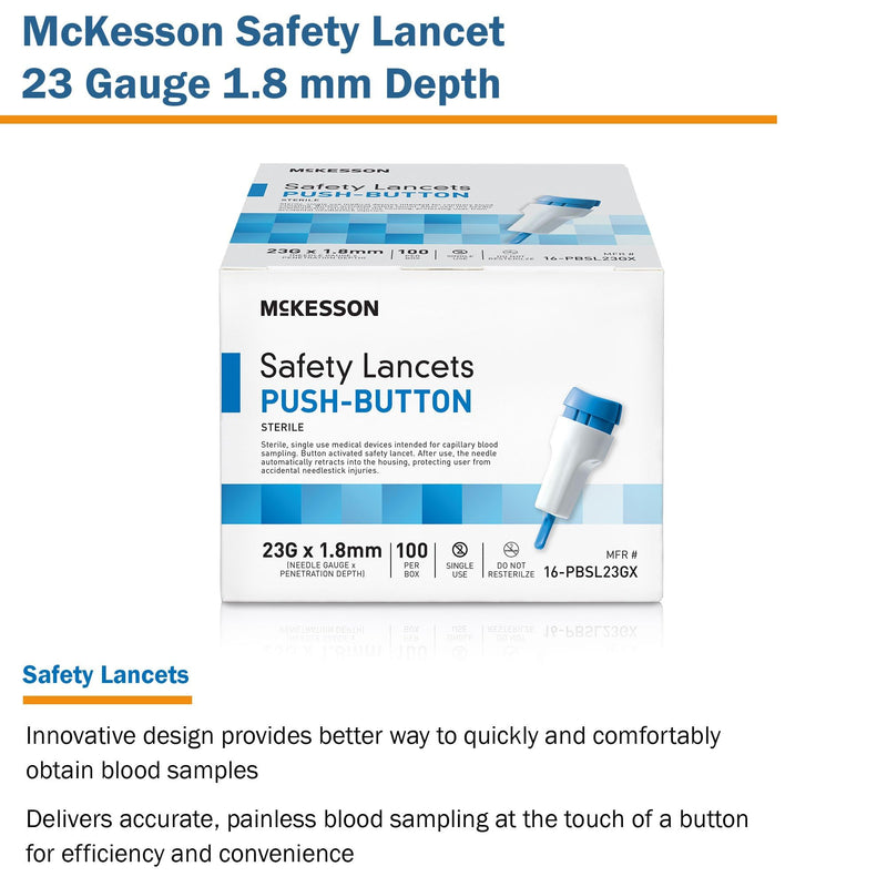 [Australia - AusPower] - McKesson Lancets for Diabetes Testing [100 Count] Lancing Device for Blood and Glucose Test, 23G x 1.8 mm, Push Button Activation, Sterile, Single Use 