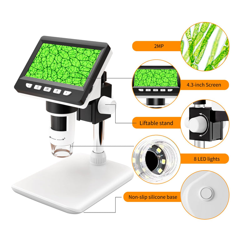 [Australia - AusPower] - GlobalCrown Microscope for Children/Adults, Microscope Digital 4.3 Inch Screen, 1000X Magnification and 8 Adjustable LED Lights, Windows/Mac Compatible 