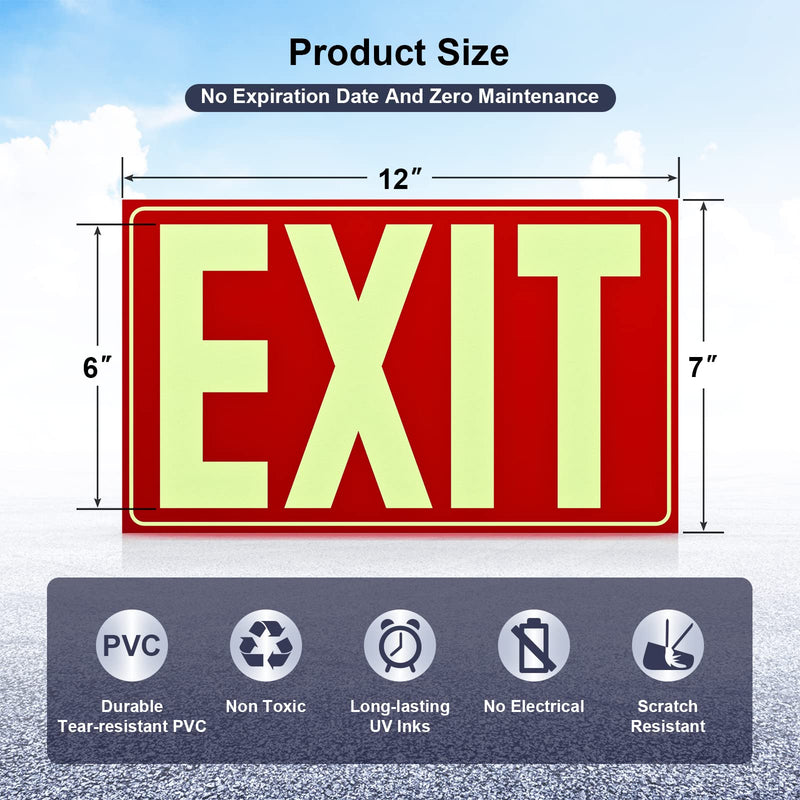 [Australia - AusPower] - Glow In The Dark Photoluminescent Exit Sign Red - Adhesive Backing – UV Inks On Tear-resistant PVC - Non Electrical - Scratch Resistant -12 x 7 Inches For 50 Feet Visibility (2 Pack) 