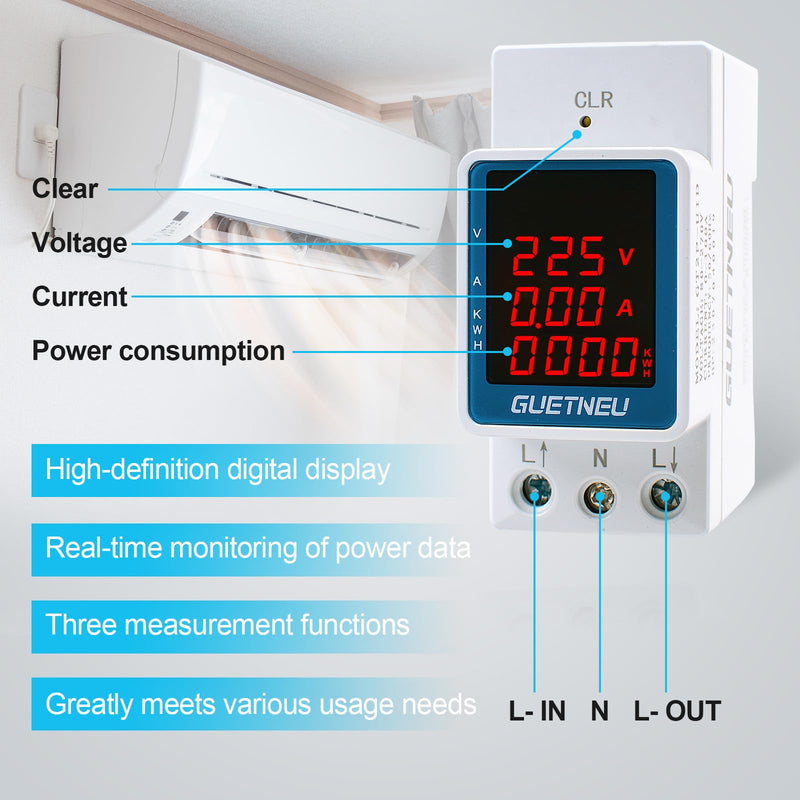 [Australia - AusPower] - Digital Display Energy Meter Energy Tester Electricity Usage Monitor AC Rail-Mounted Meter GT2P-UID, AC 80~270V, 0~100A, 50/60Hz. Used to Measure AC Voltage, Current and Energy Consumption 3 Functions Digital Display 