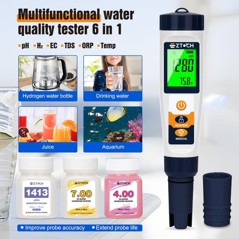 [Australia - AusPower] - Hydrogen Water Tester pH H2 ORP Meter, Hydroponic pH TDS EC Meter, 6 in 1 pH H2 ORP TDS EC Temp Tester for Drinking Water and Pool, Dissolved Hydrogen Tester for Hydrogen Water Bottle 