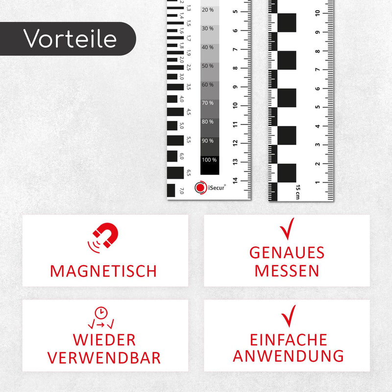 iSecur mag282 Expert Ruler Magnetic Length 15 cm Set of 2 | with color scale and grayscale, expert documentation aid, gap gauge, crack ruler, 1x contrast ruler, 1x color scale + grayscale 2-piece set | 15 cm ruler