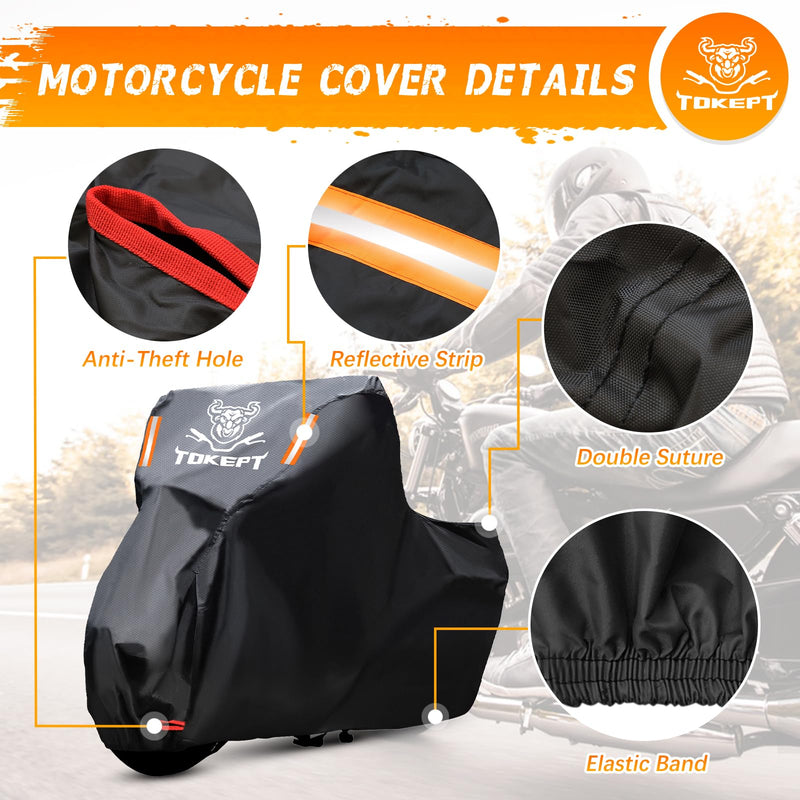 Motorcycle Cover Waterproof Outdoor, All Weather Protection with Night Reflective & Lock-Holes, Fits up to 86" Cruisers, Sportbikes, Dirt Bikes, Scooters M-86 inch