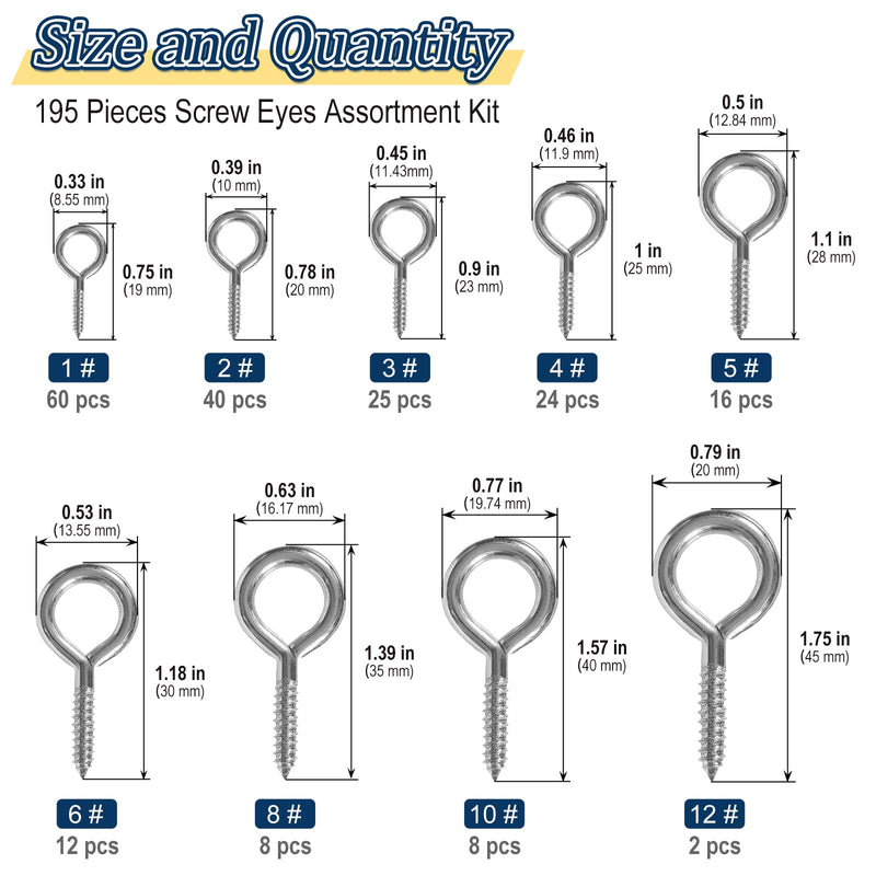 [Australia - AusPower] - Screw Eyes Assortment Kit(195Pcs),0.75" 0.78" 0.90" 1" 1.1" 1.18" 1.39" 1.57" 1.75" Zinc Plated Eyelet Screws,Metal Small Tapping Screw Hooks Ring,Silver Silver 