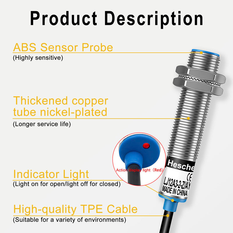 Heschen M12 Inductive Proximity Sensor Switch Shield Type LJ12A3-2-Z/AY Detector 2mm 10-30VDC 200mA 3 Wire (PNP NC) PNP NC