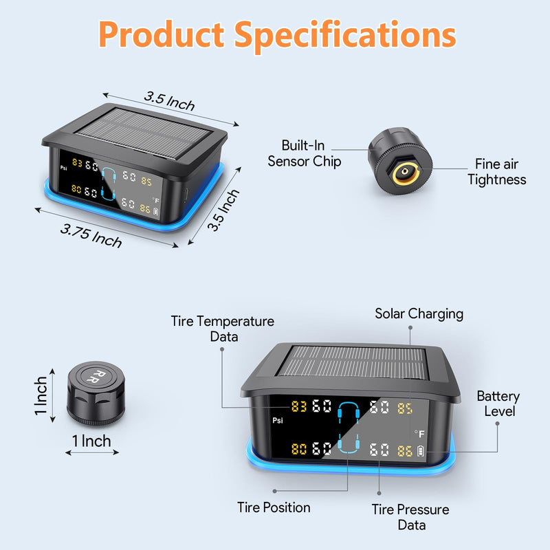 [Australia - AusPower] - GEARGO Tire Pressure Monitoring System, Real-time Solar Wireless TPMS with 4 Tire Pressure Sensor, Digital LCD Display, Auto Security Alarm for RV SUV MPV Truck Sedan 