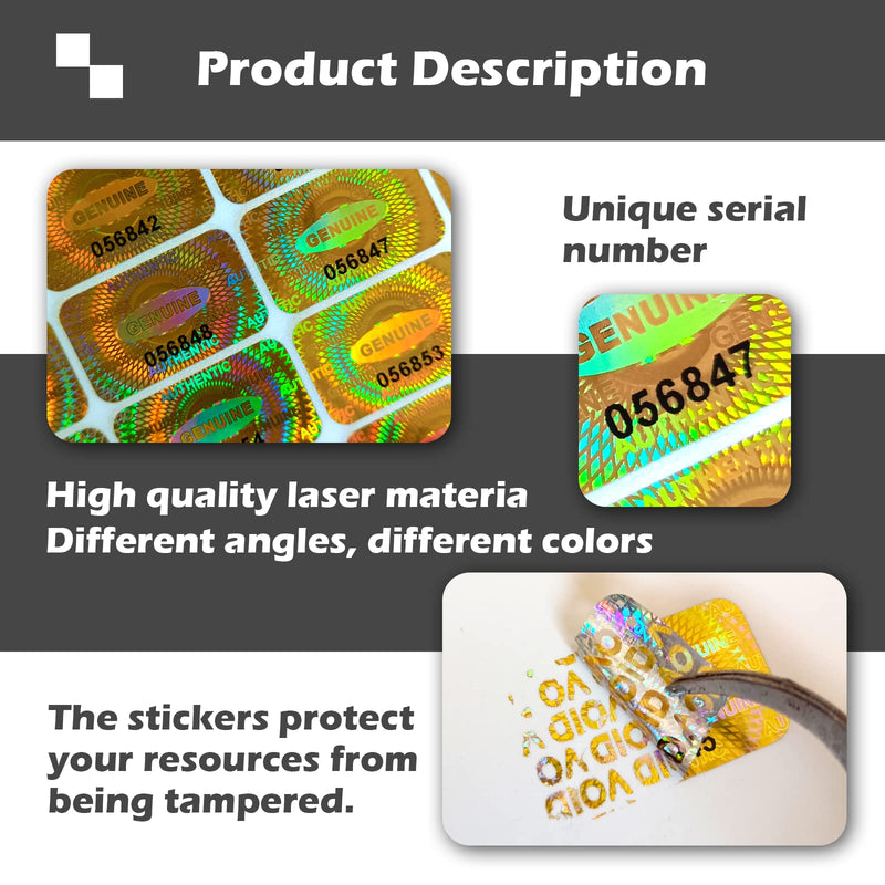 1200 pcs Hologram Tamper Proof Sticker, Security Tamper evident Label, Genuine Authentic Warranty Void Seal Labels with Unique Serial Number (1.2X0.68 inch,Gold) 1.2X0.68",Gold,1200pcs