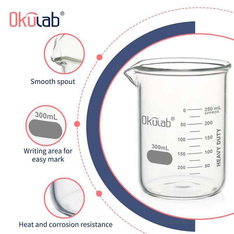 6 Pcs 300mL Glass Beaker Set, Low Form Beakers, Graduated Glass Beakers for Lab, Classroom, Craft, Kitchen,BKLG300A6-X 6 Pcs of 300ml