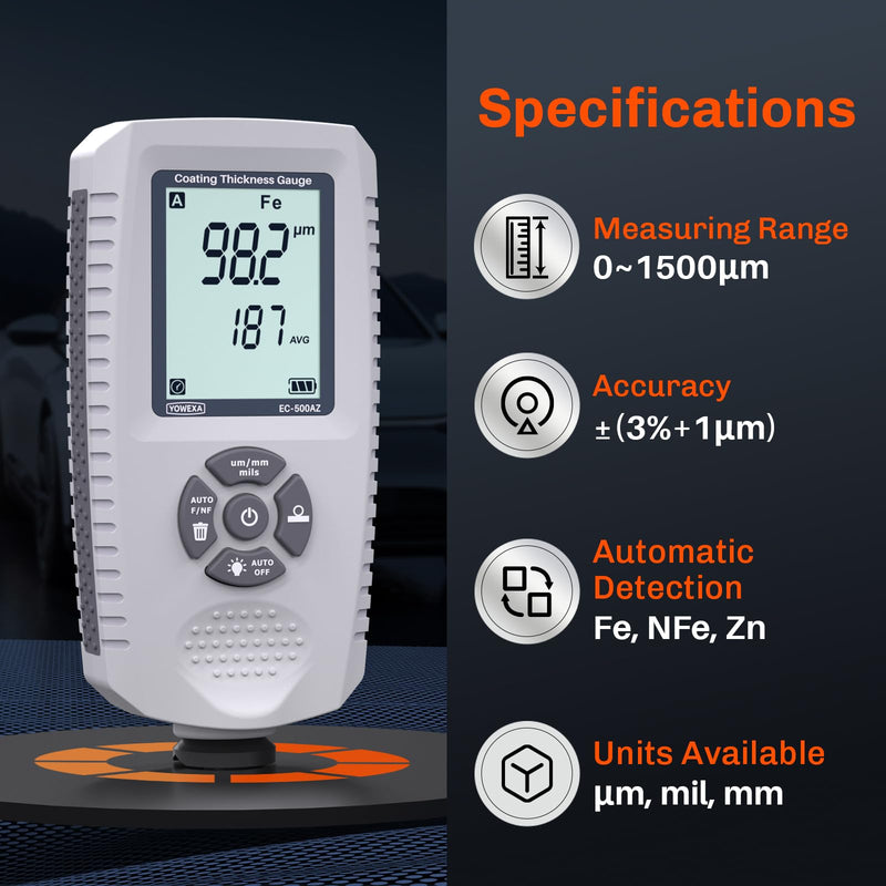 [Australia - AusPower] - EC-500AZ Paint Thickness Gauge for Cars, Digital Paint Meter, Mil Coating Thickness Tester with Auto Fe/NFe/Zn Detection, AVG/MAX/MIN Statistics for Used Car Buyers and Detailers 