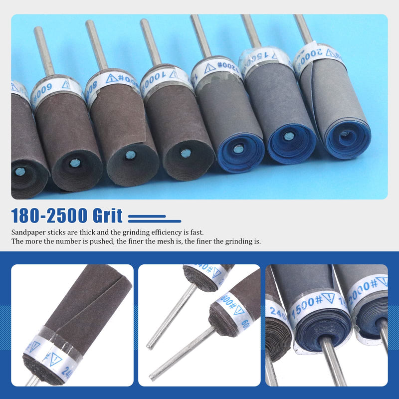 [Australia - AusPower] - Glarks 10Pcs Sanding Drums Sleeves Polishing Rolls, Abrasive Grinding Head Sandpaper Bar Sticks, 180/240/320/400/600/800/1000/1200/1500/2000 Grit Cylinder Polishing Grinding Mounted Sanding Points 