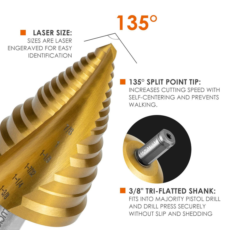 Luckyway 1/4" to 1-3/8" Step Drill Bit, 15 Sizes HSS(M35)-Cobalt Titanium Coated for Metal, Stainless Steel Drilling M35 Cobalt 1/4" to 1-3/8"
