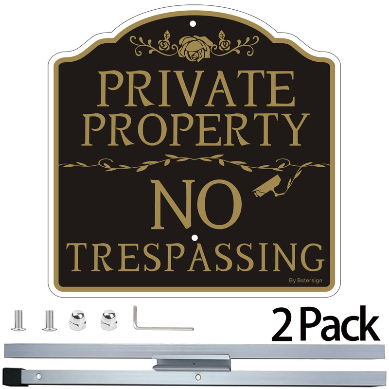 No Trespassing Private Property Sign (2Pack), 12" x 12" x 0.04" Aluminum Sign &35.5" Metal Stakes Included, Resistant to Harsh Weather, No Fading and Easy to Install. 2 Pack with stake
