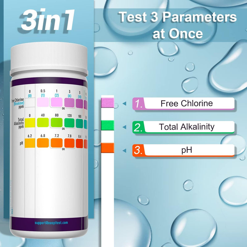 EASYTEST Pool and Spa Test Strips, 150 Strips Pack for Hot tub-Test pH,Total Alkalinity,Free Chlorine and Bromine, Accurate 3 in 1 Pool Water Testing Kit 3 in 1 Pool Test Strips