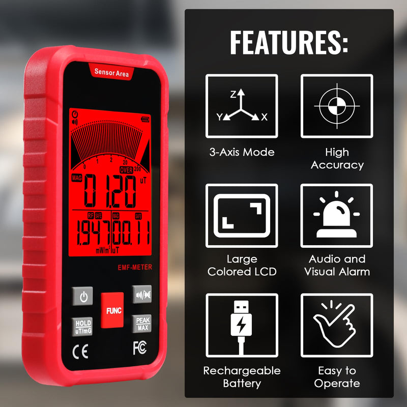 3 in 1 EMF Meter EMF Detector EMF Meter Tester Rechargeable Electromagnetic Field Radiation Detector EF,RF,MF WiFi Signal, 3-Axis EF/RF/MF EMF Meter 3 Color Backlight Alarm Ghost Hunting, Home Safety Standard 3-in-1 EMF Meter