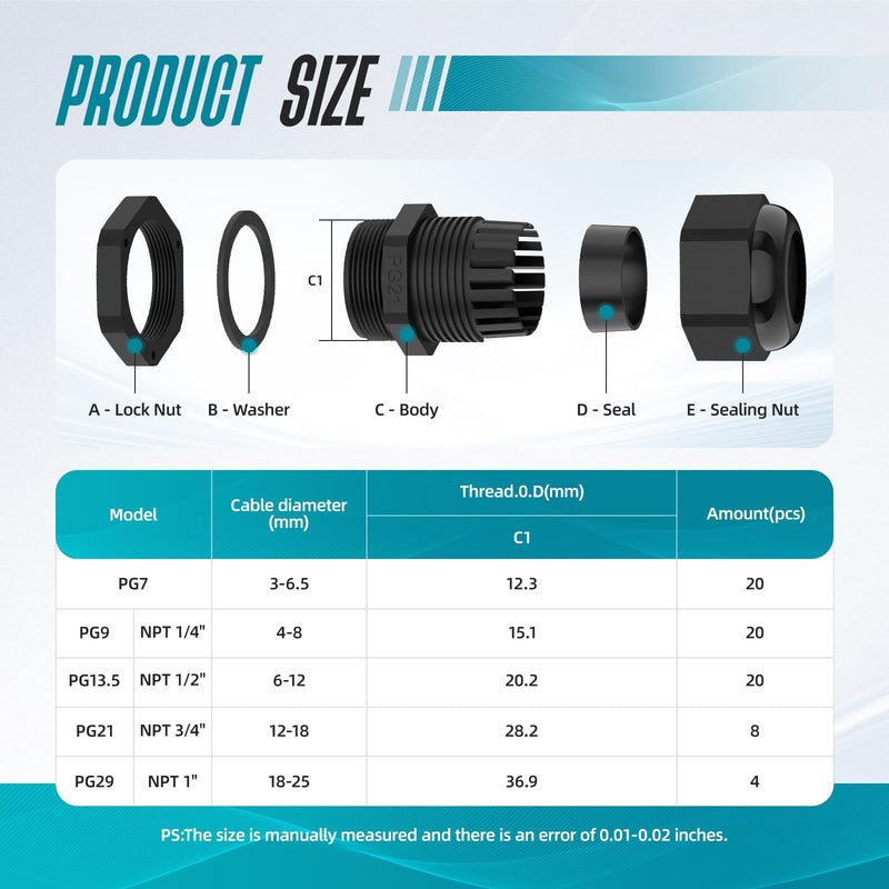 [Australia - AusPower] - Cable Gland, Hilictokt 72PCS Waterproof Cable Glands Kit PG7 NPT 1/4" 1/2" 3/4" 1" Weatherproof Strain Relief Cord Connectors PG7/9/13.5/21/29 