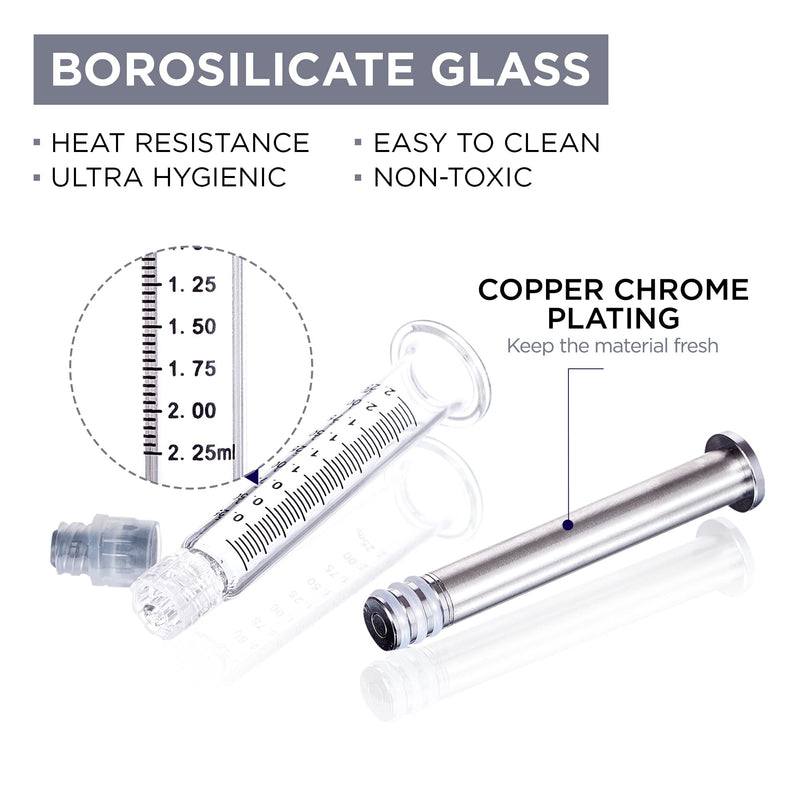 2.25ML Borosilicate Glass Syringe with Silver Metal Plunger | 10 Pack | Anti-Leak Luer Lock Syringe without Needle | Accurate Measuring for Liquid, Glue, Oil w/ Borosilicate Glass Tube