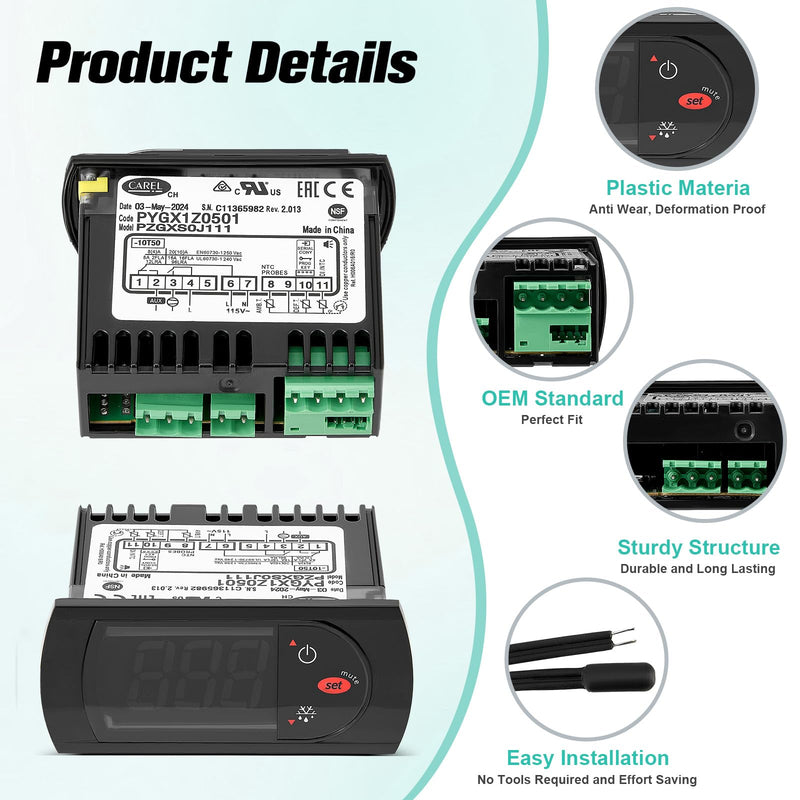 [Australia - AusPower] - PZGXS0J111 Temperature Thermostat with Temperature Sensor Probe, 115V Digital Temperature Controller Kit Compatible with Carel All Refrigerator Types 