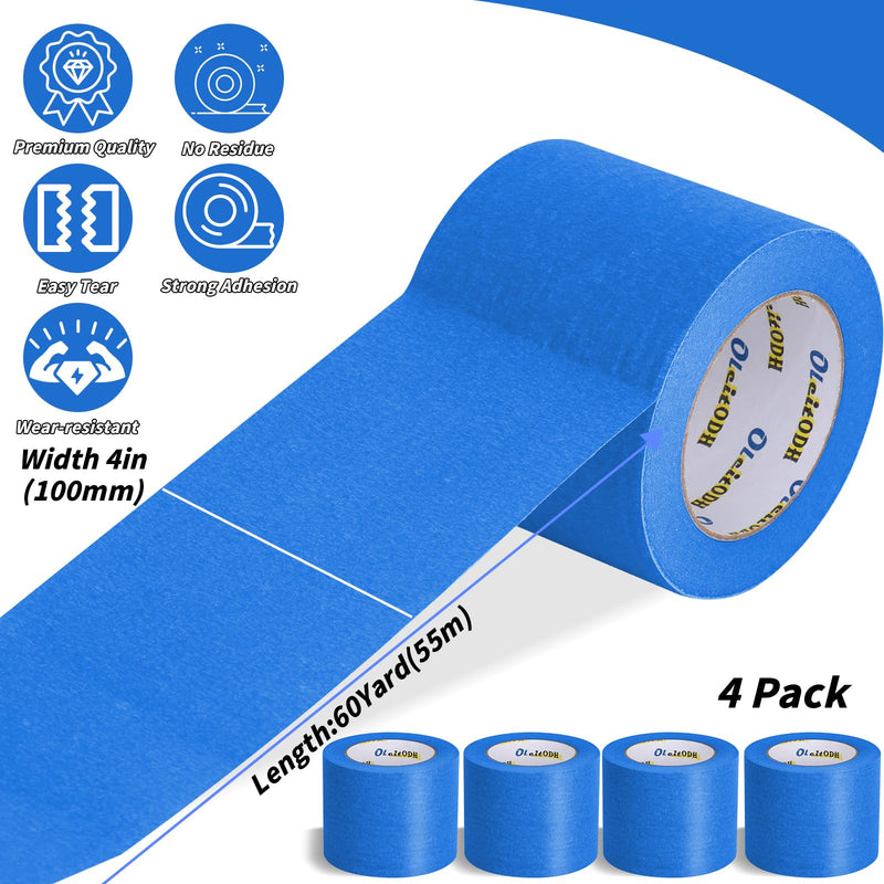 4 Rolls Blue Painters Tape Bulk 4 inch x 60 Yards, Total 240 Yd, Painters Masking Tape No Residue Wall Painting Tape Artist Tape Trim Edge Finishing Tape for Wall Painting Decoration DIY Supplies 4In x 60Y - 4Pack