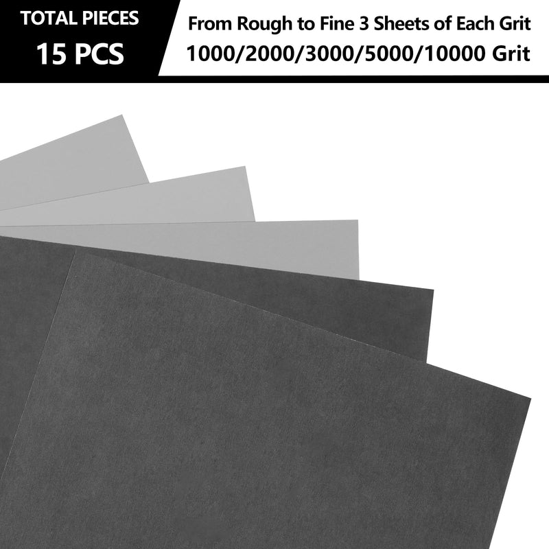 [Australia - AusPower] - STEBRUAM 15 Piece Sandpaper Set Dry and Wet Sandpaper 1000/2000/3000/5000/10000 Grit Fine for Car/Wooden Furniture/Metal 9 x 11 Inch Wet Sandpaper Mix grit, 15 pieces 