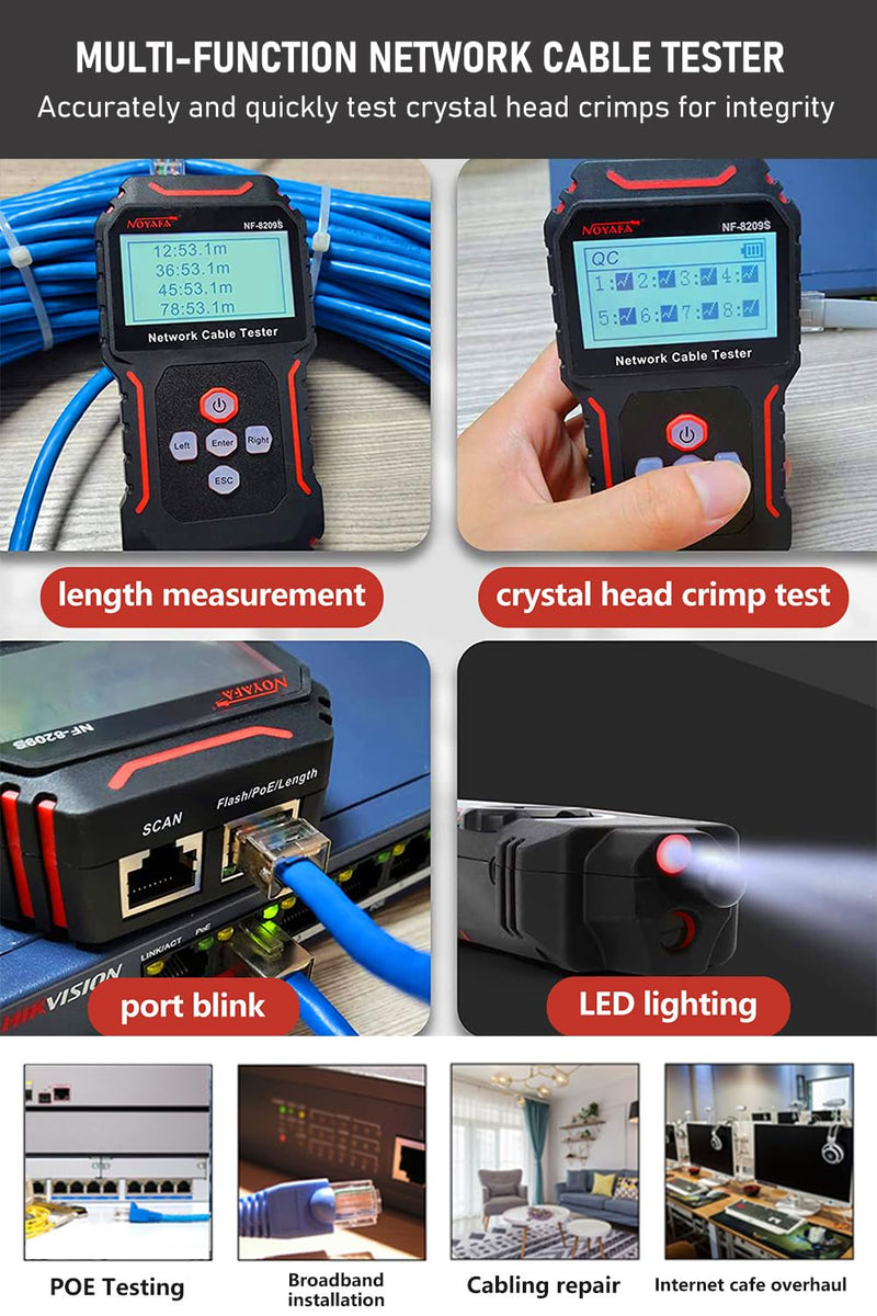 [Australia - AusPower] - NF-8209S RJ45 Network Cable Tester Ethernet Tester with PoE/NCV Cable Length Test, Port Flashing, CAT5, CAT6, CAT7 and CAT6a Anti-Interference Scanner LAN Line Tracer Network Toner Tool 