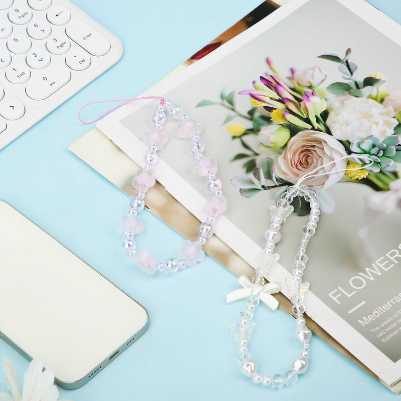 [Australia - AusPower] - 2pcs Beaded Phone Bracelet Strap, Crystal Butterfly Flower Pearl Phone Beaded Wrist Strap Phone Bracelet Lanyard for Women Phone Keychain Charm (White, Purple) 