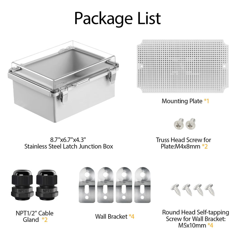 LeMotech Electrical Box, IP67 Waterproof Hinged Clear Cover Stainless Steel Latch Junction Box, ABS Plastic Electrical Enclosure with Mounting Plate,Wall Brackets, Cable Glands,8.7"x6.7"x4.3",Grey 8.7"x6.7"x4.3"