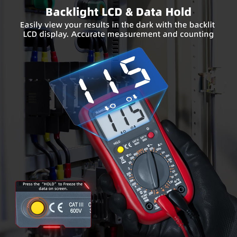 [Australia - AusPower] - Digital Multimeter, DC AC Voltmeter, Temperature, Ohm Volt Amp Test Meter and Continuity Test Diode Voltage Tester for Household Outlet, Automotive Battery Test(Anti-Burn with Double Fuses) 2000 Counts multimeter R30C 