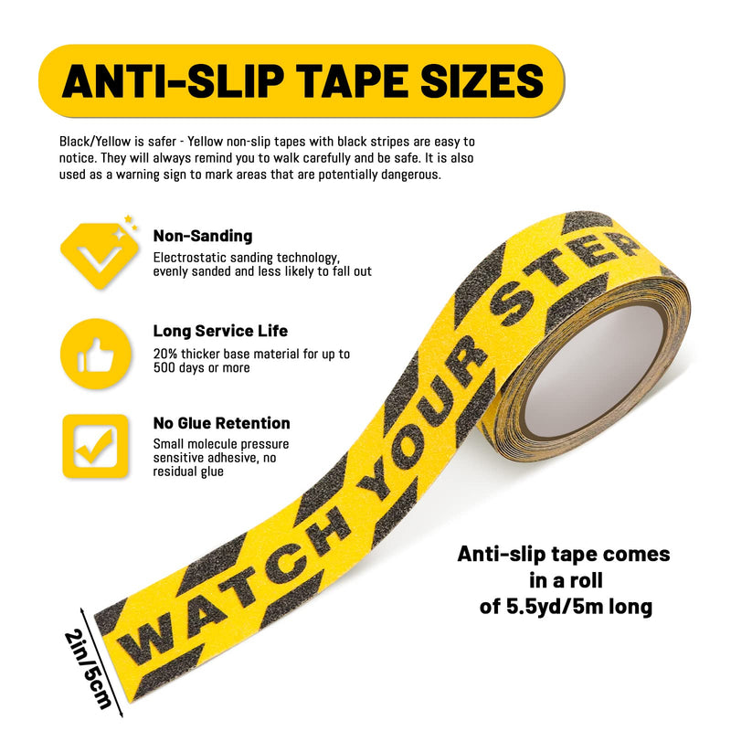 Huakaile Watch Your Step Caution Tape 1.97in x 16.4Ft, Non Skid Tape Yellow Black Waterproof, Anti-Slip High Traction Safety Grip Tape for Stairs Steps Ladder, Indoor Outdoor Treads (A) A