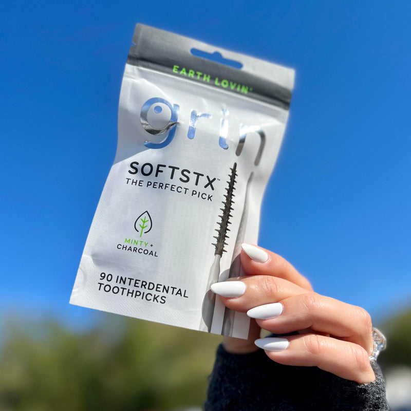 [Australia - AusPower] - Grin Charcoal Infused Softstx, Gentle Dental Picks, 90 Count, Soft Flexible Bristles, Textured Plaque Removing Toothpick, Minty Flavor, for Between Teeth, Refillable Hygienic Case 