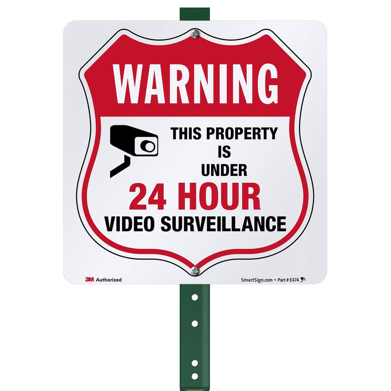 SmartSign 10" x 10" 'Warning - This Property Is Under 24 Hour Video Surveillance' Yard Sign with 3 ft Stake, 40 mil Aluminum 3M Laminated Engineer Grade Reflective, Red/Black/White 10" x 10" Reflective Aluminum Sign with 3' Stake