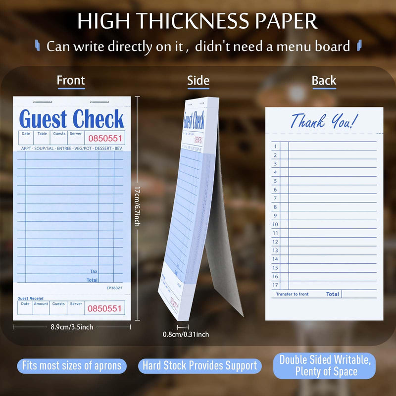 [Australia - AusPower] - Guest Check Books for Servers, 5 Pack of EP-3632-1 Server Note Pads, Thick Server Paper with Guest Receipt, Waitress Notepads - 250 Orders Total (Blue, 6.75"x3.5") 