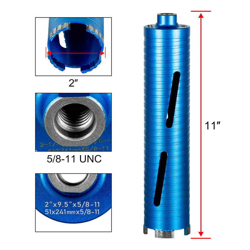 SALI Diamond Core Drill Bits 2" Diameter 10"/254mm Drilling Depth 5/8-11" Thread Core Bit Turbo Laser-Welded Segments for Cured Concrete with, Brick, Block, Masonry, with Two Adapters 2 inch