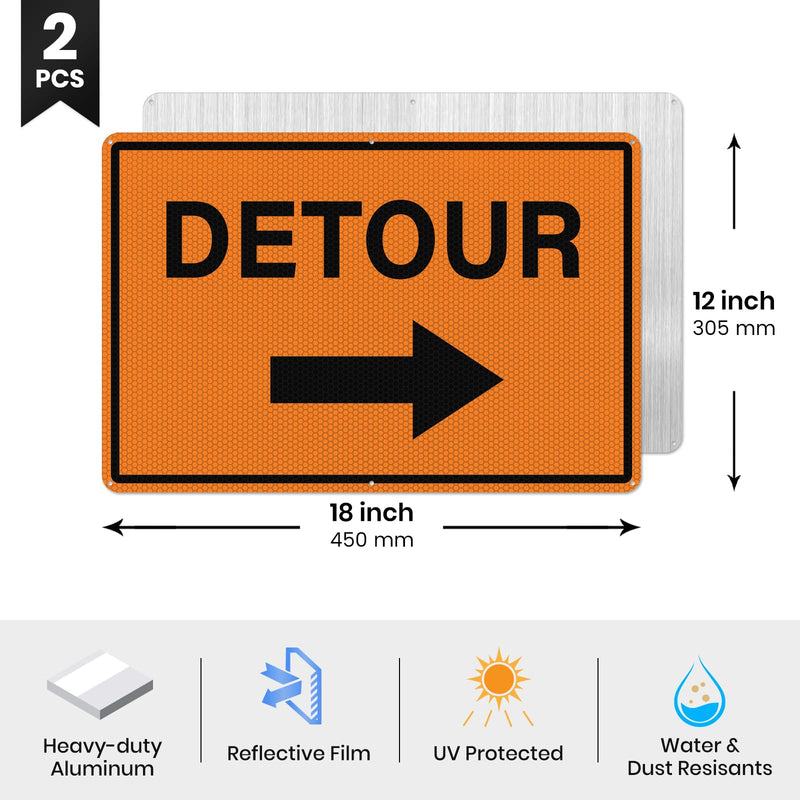 2 Pack Detour Sign with Right Arrow 12 x 18 Inch Reflective Aluminum Traffic Signs Rust-Free Waterproof Road Barricade Signs for Construction Zones Parking Lots Driveways Orange-Right Arrow