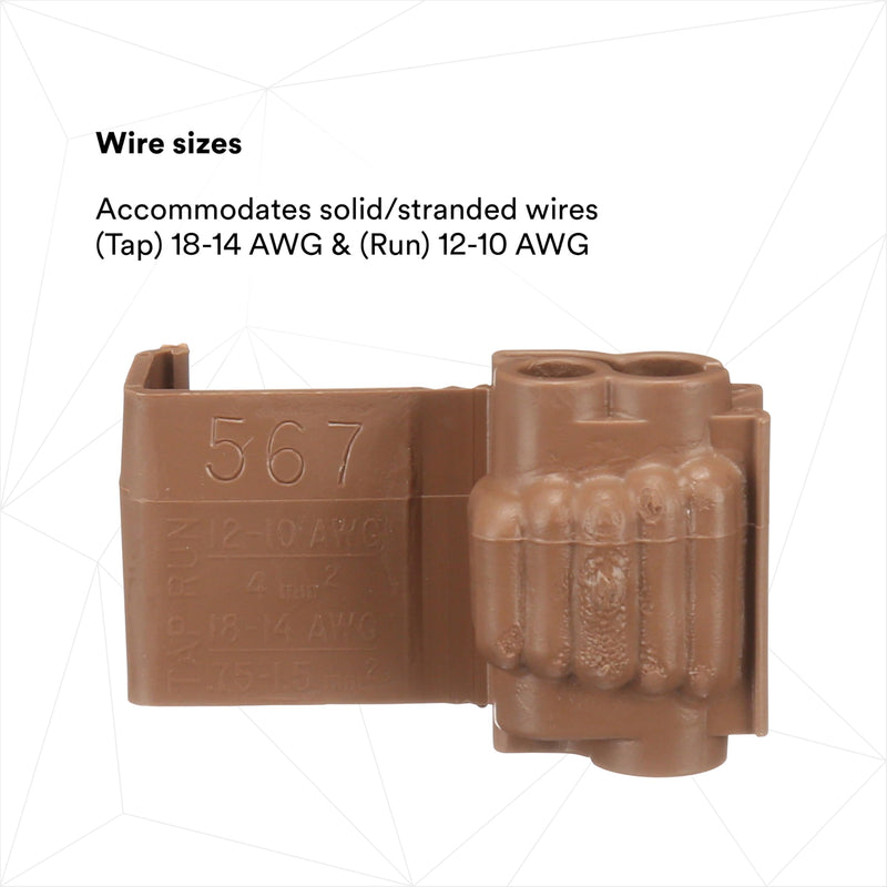 3M Scotchlok Self- Stripping Tap Connectors 567, Run and Tap, Brown, 18-14 Awg (Tap), 12-10 Awg (Run), Bag of 100 Brown 100 per Carton