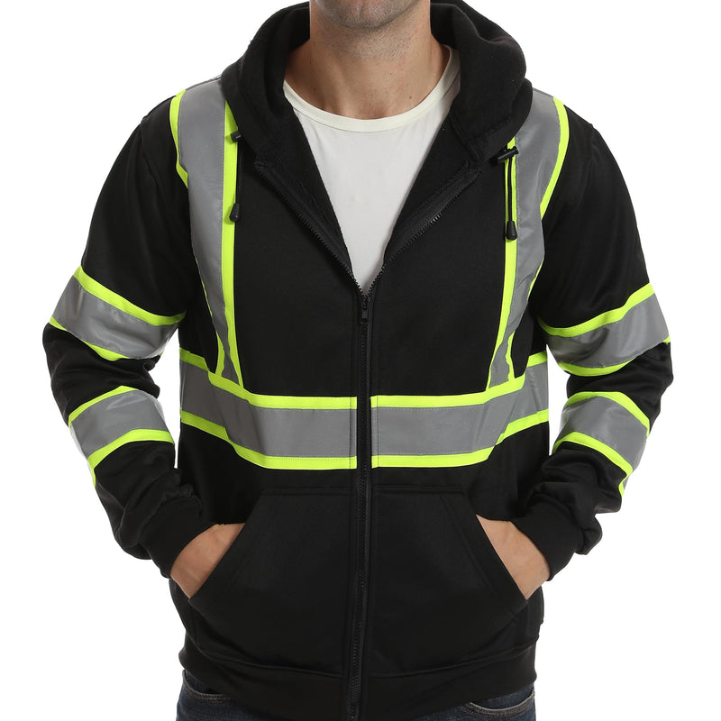 High visibility Hoodie for Men,Class3 Hi Vis Hoodie with Zipper,Reflective Hooded Hood,Construction work Safety Sweatshirt with Large front Pocket for Men/Women BLACK,2XL Black02 XX-Large