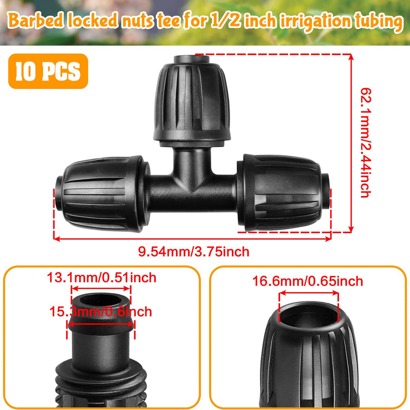 [Australia - AusPower] - Drip Irrigation Fittings for 1/2 Inch Drip Tubing (1/2" ID x 0.65" OD)?1/2'' Drip Line Tees Anti-drop Locked Nut Barbed Tee Connectors Garden Irrigation System Parts (10 Pack) 1/2" Barbed Tee-10P 