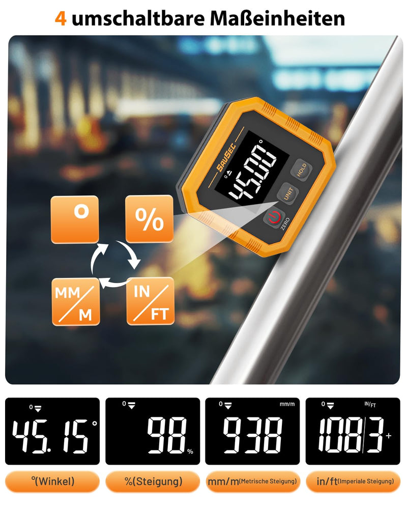 [Australia - AusPower] - SAVSEC Rechargeable Digital Protractor, Angle Finder with Magnetic Back & Base, LCD Inclinometer with 4 Measuring Units, Woodworking Tool for Construction, Carpentry, Mechanics IP54 