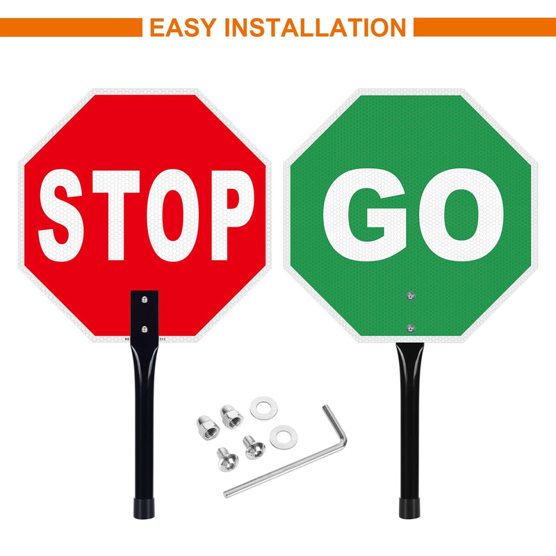 Stop Go Sign with Handle, 13"x13" Aluminum Stop- Go Handheld Traffic Sign- Reflective Double Sided- Fade Resistant- Waterproof Design- Easy to Mount - 2 Pack STOP&GO-2 Pack